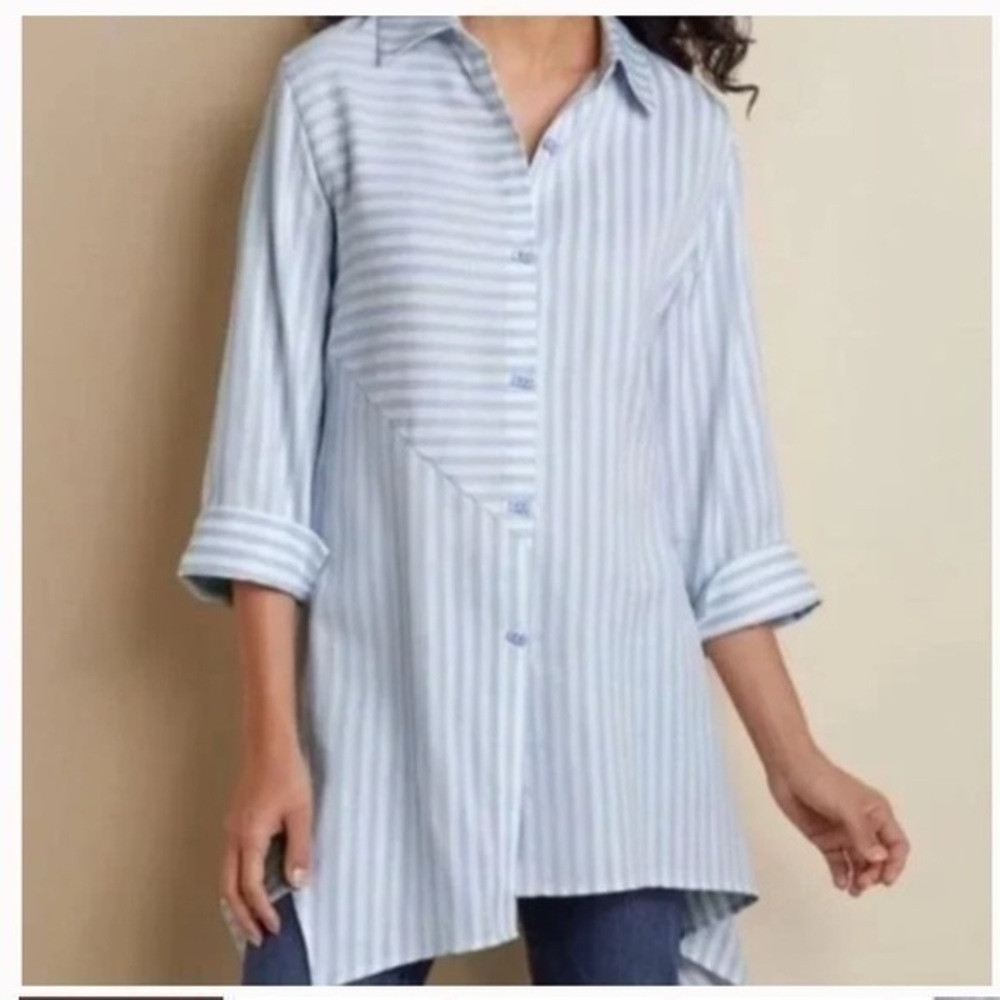 Soft surroundings xs stripe button-down asymmetrical top